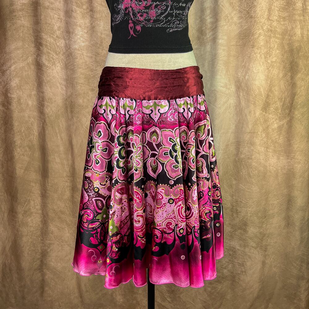 Vintage Y2K Boho Satin Skirt Floral Midi Circle Skirt Pink Metallic Fairycore
